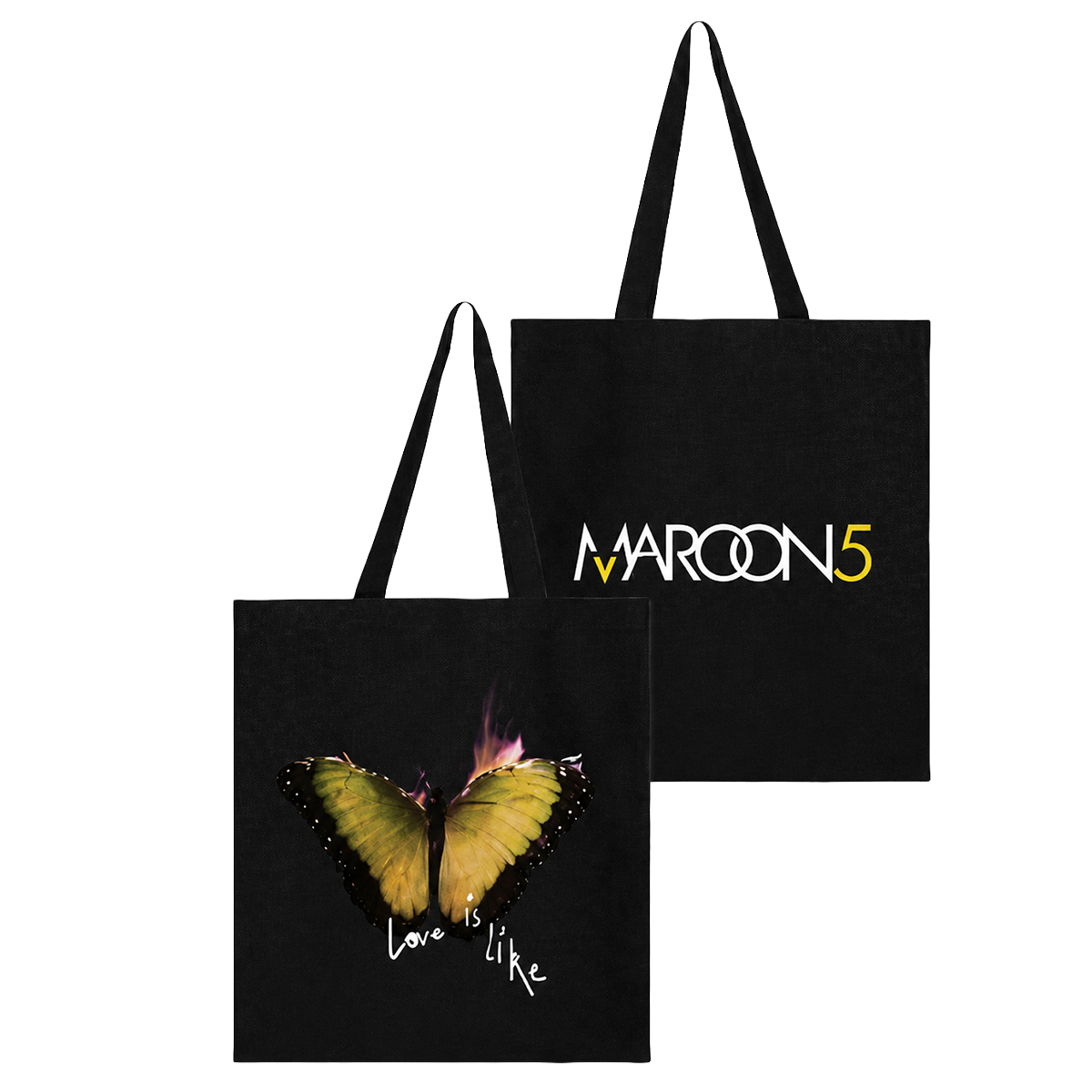 Black tote bag with a butterfly design and 'Maroon 5' branding