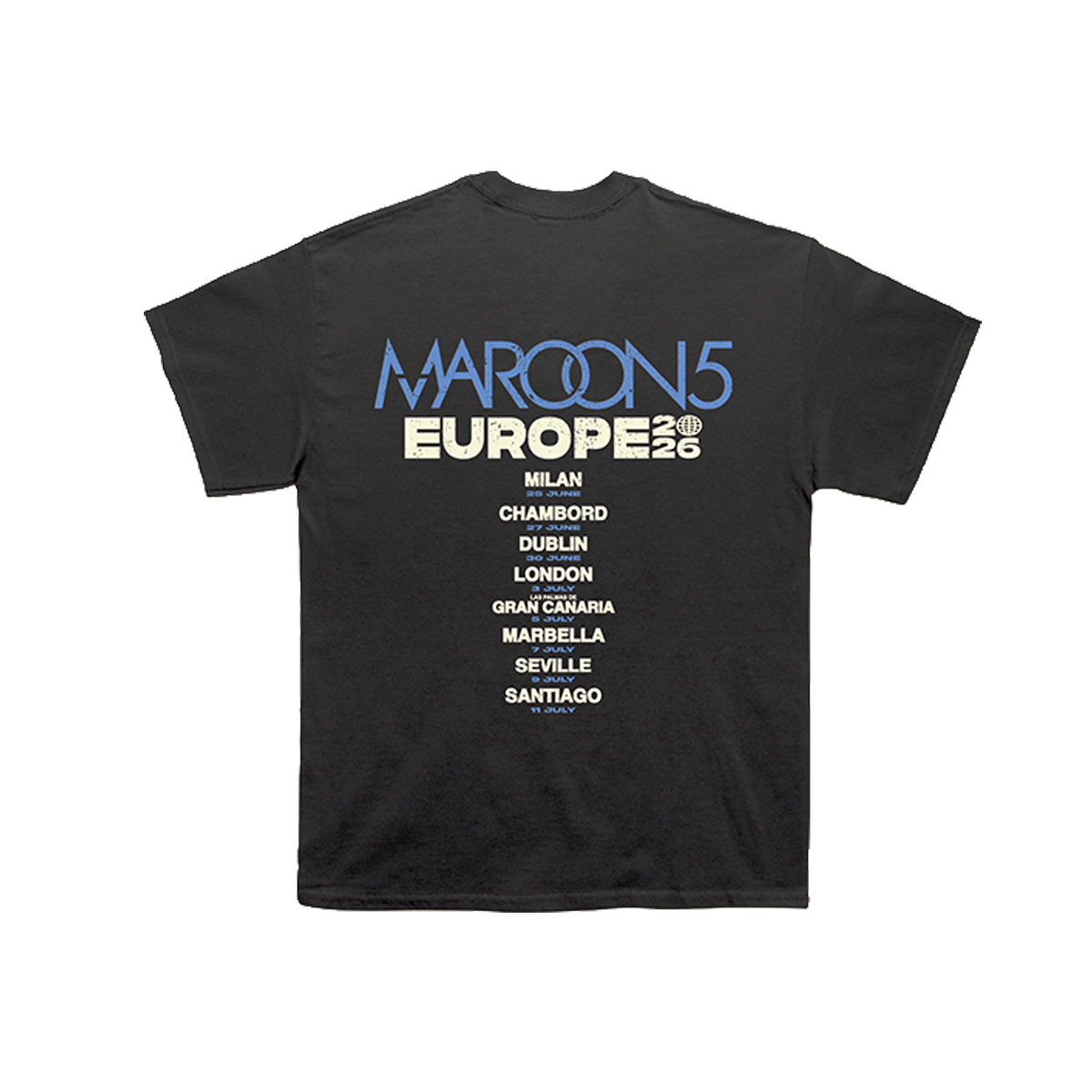 Black t-shirt with 'Maroon 5 Europe 2023' text and cities on the back