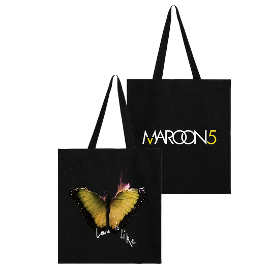 Black tote bag with a butterfly design and 'Maroon 5' branding 